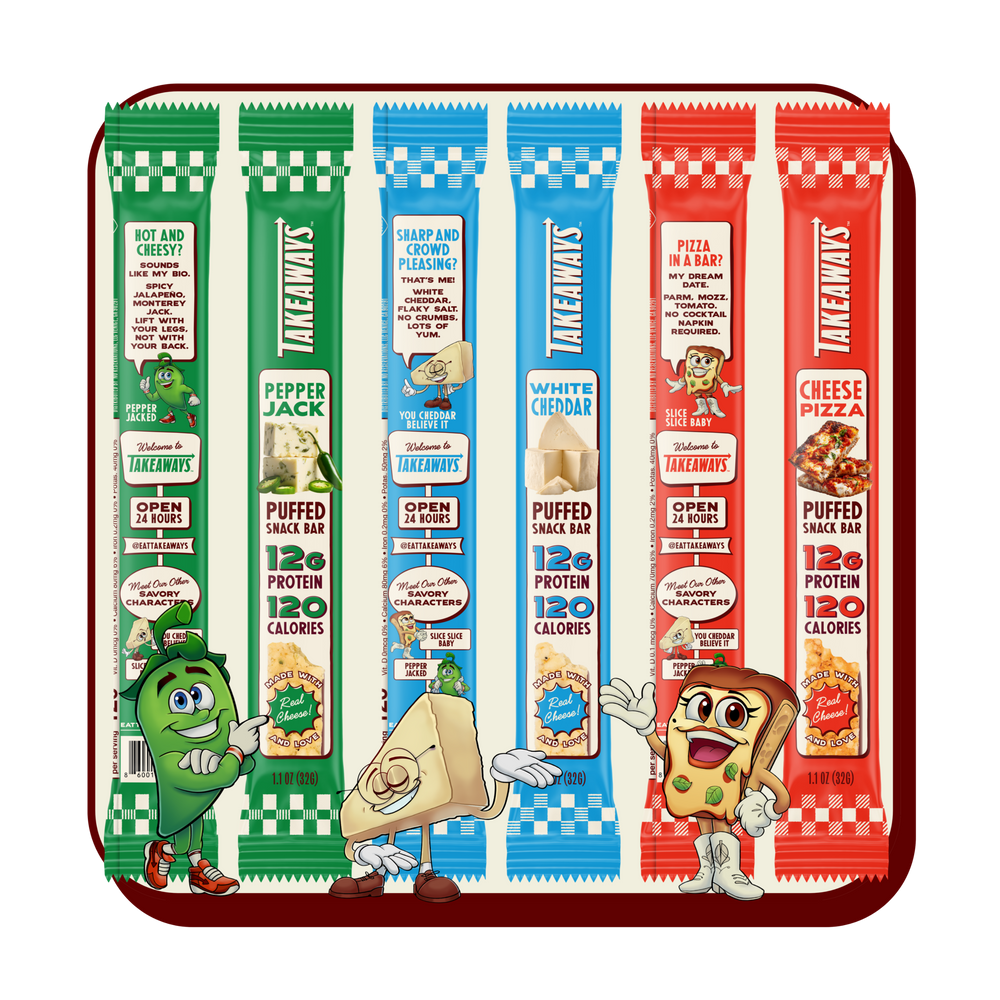 Six Takeaways puffed snack bars in individual colorful wrappers, arranged side by side on a white background with a red rounded border. The wrappers are green, red, blue, and orange, and each wrapper features a cartoon character and flavor text including Hot and Cheesy, Pepper Jack, Sharp and Crowd Pleasing, White Cheddar, Pizza in a Bag, and Cheese Pizza.