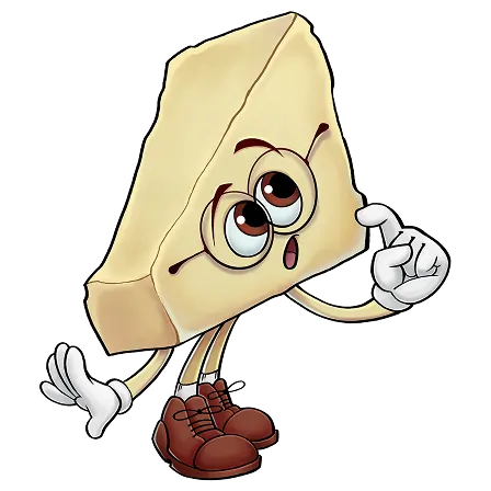 Cartoon cheese character with glasses, white gloves, and shoes