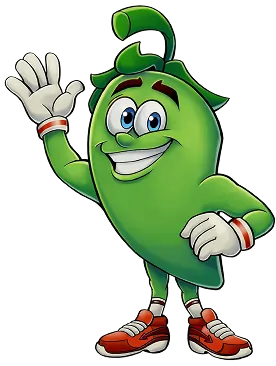 Cartoon green chili pepper character waving with a happy expression.