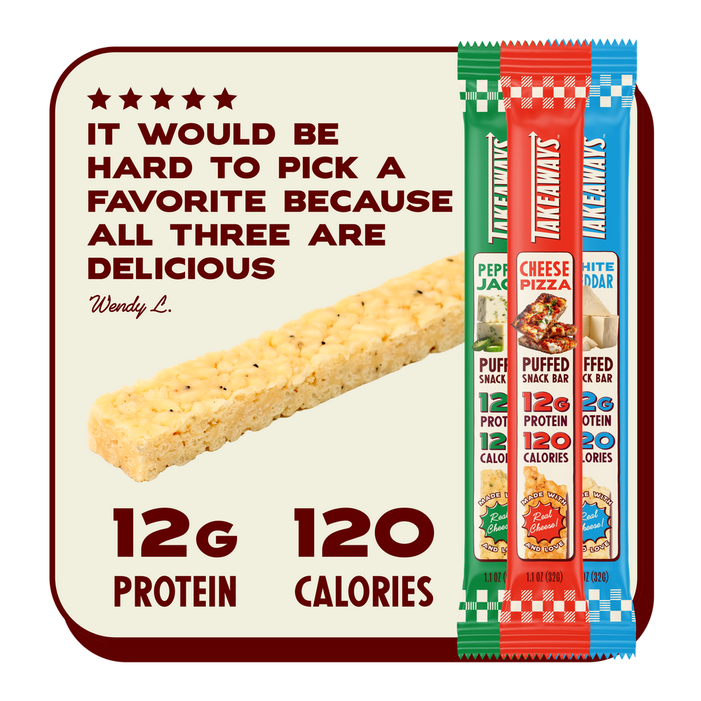 Three Takeways protein snack bars shown vertically on the right side of a cream-colored promotional graphic with red and dark red text. The graphic includes a large rice krispie bar and the text 'IT WOULD BE HARD TO PICK A FAVORITE BECAUSE ALL THREE ARE DELICIOUS' and '12G 120 CALORIES'.