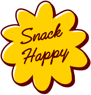 Yellow star-shaped sign with brown text that says 'Snack Happy'